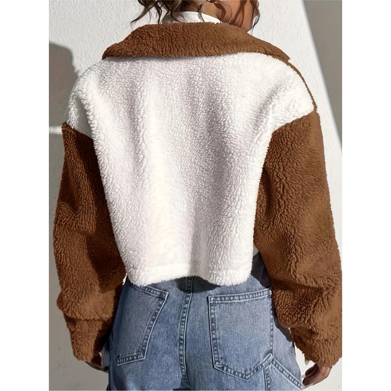 Женская флисовая куртка Color Block, укороченная, плотная, с отложным воротником, длинным рукавом, на молнии спереди