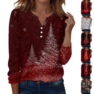 Женская мода Повседневная футболка с V-образным вырезом, длинными рукавами и декоративными пуговицами