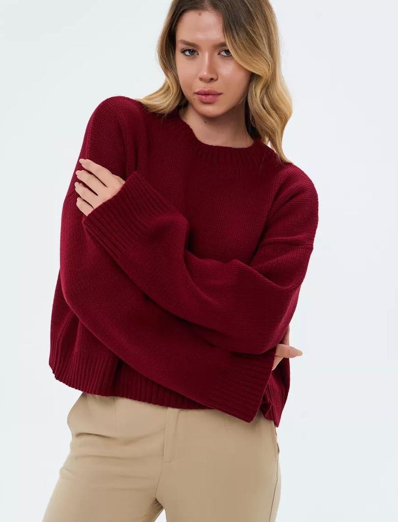 Зимний пуловер с круглым вырезом, свободный свитер с длинными рукавами однотонной расцветки для женщин