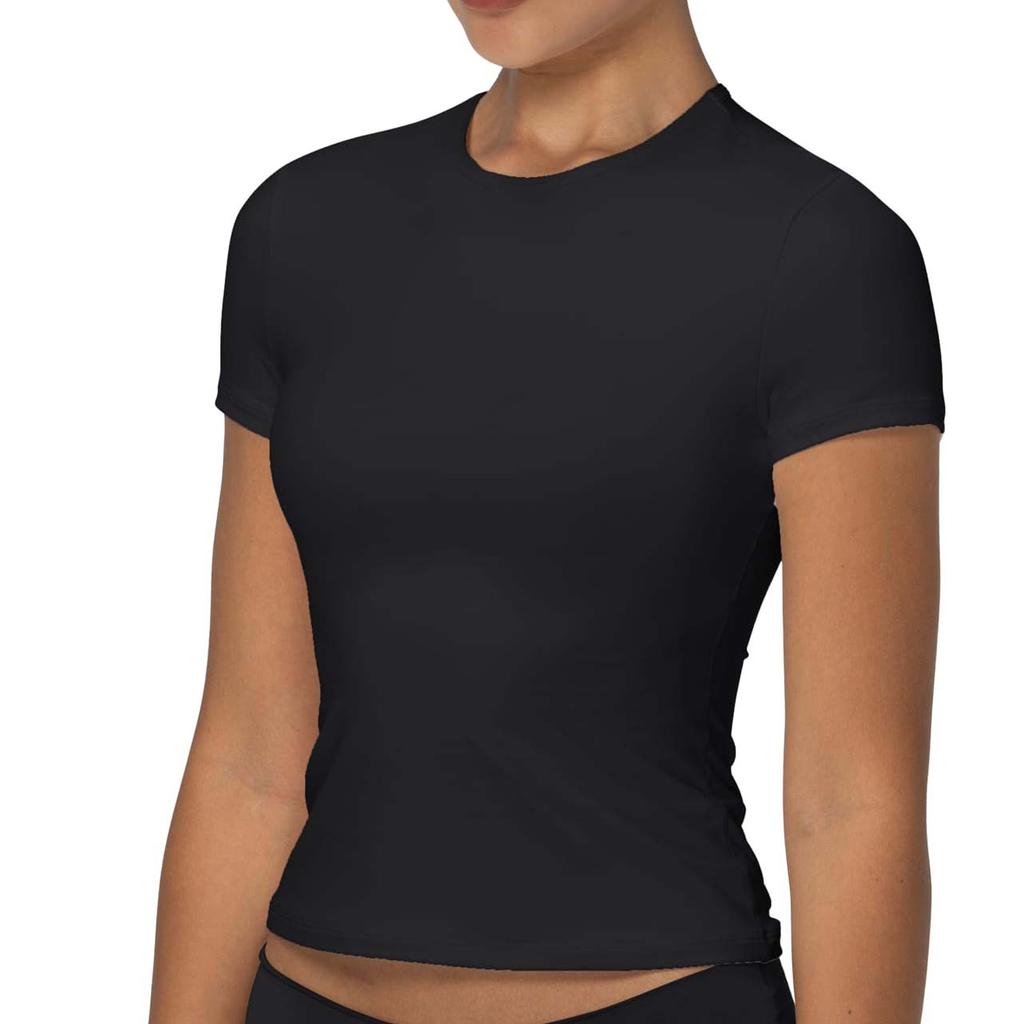 Рубашки с коротким рукавом для женщин, облегающая двухслойная футболка с круглым вырезом, базовые летние топы для тренировок и повседневной носки