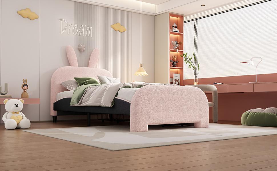90*200cm Flat Bed, Upholstered, Sheep Wool Resistant, Cartoon Rabbit Shape, Two Drawers, Pink