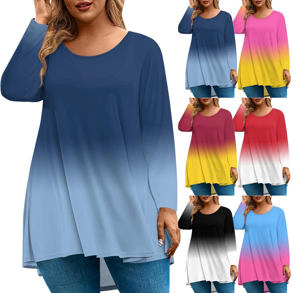 Women's Fashion Large Size Round Neck Long Sleeve Casual Print Loose Pullover Top