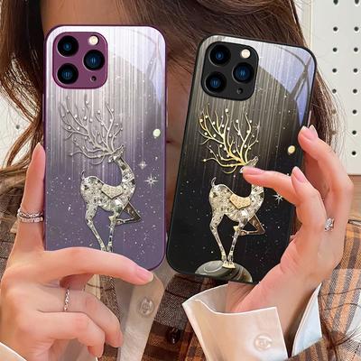 Роскошный Чехол для Телефона из Закаленного Стекла Deer Синий Розовый Для iPhone 16 Pro Max 15 Pro 14 13 12 Mini 11 XS Max XR 7 8 Plus SE 2022