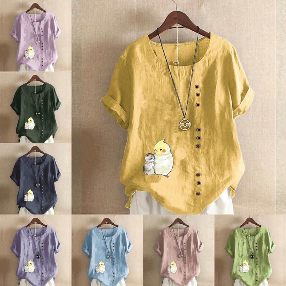Женская модная футболка с круглым вырезом и короткими рукавами с принтом кота и попугая, повседневная хлопково-льняная рубашка с рисунком, свободная летняя блузка для отдыха, топы больших размеров