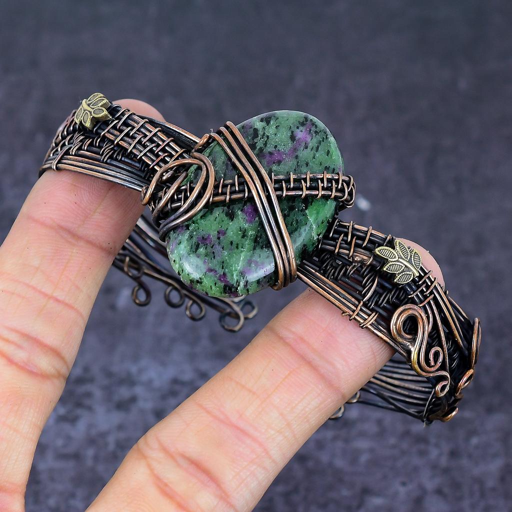 Natural Ruby Zosite Gemstone Copper Wire Wrap Cuff Bangle Adjustable Y2q44