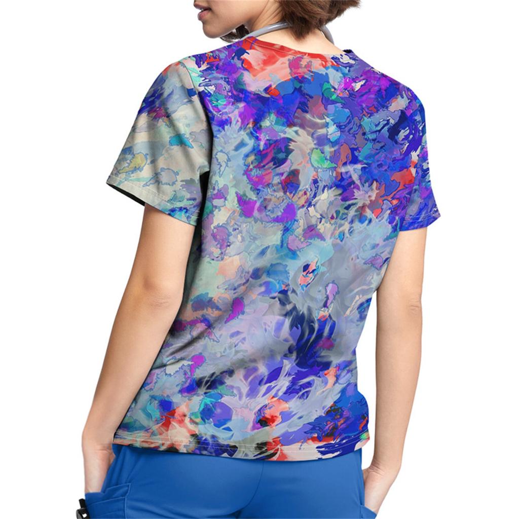 Plus Size Printed Scrub Working Uniform Tops For Women V-Neck Short Sleeve T-Shirts Workwear Tee With Pockets