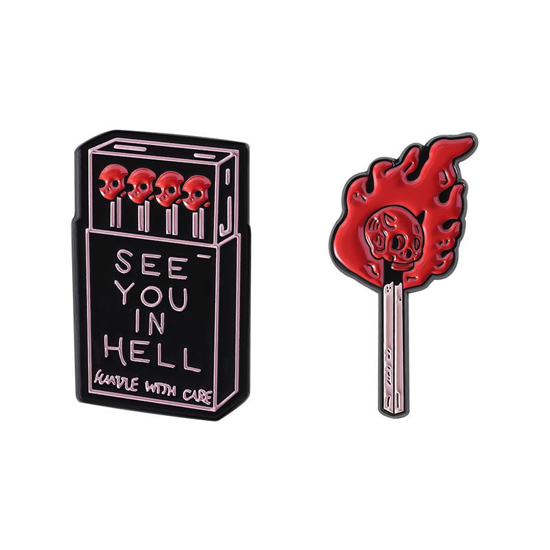 SEE YOU IN HELL Enamel Pins Custom Skull Matchsticks Brooches Lapel Badges Clothes Punk Jewelry Gift for Friends