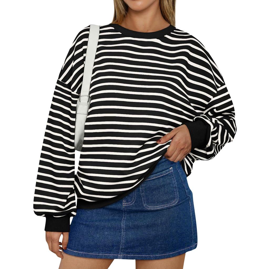 Женская мода круглый вырез полосатый длинный рукав повседневный спортивный свитер топ