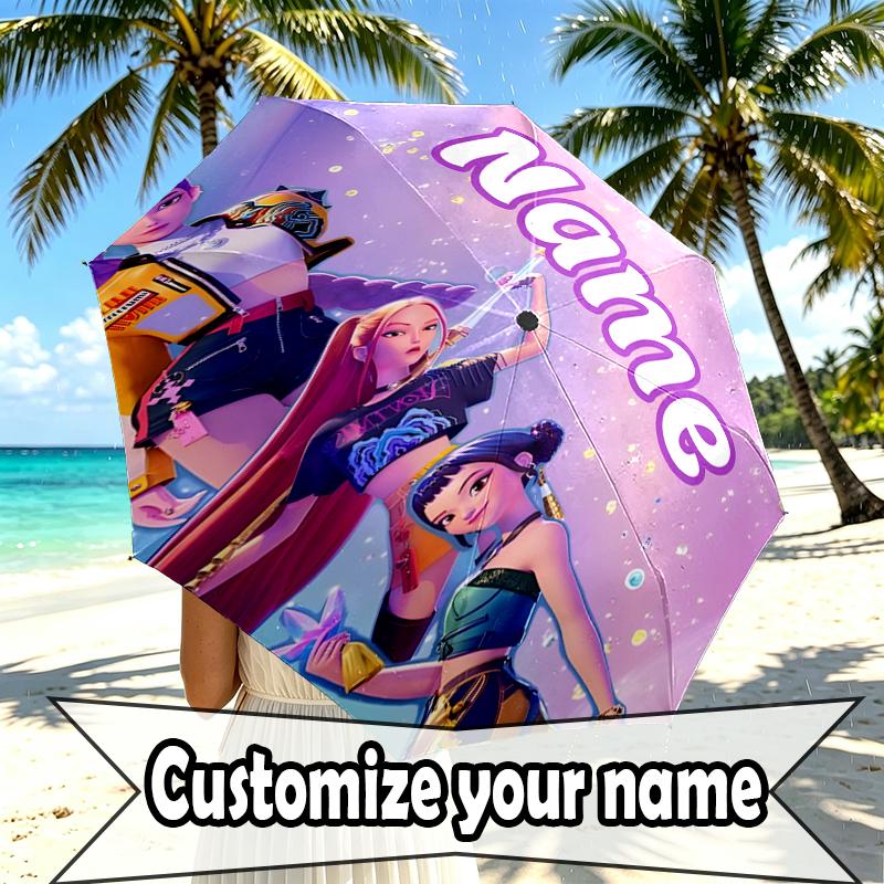 Custom Name Personalized KPop Hunters Print Umbrella, Auto Open Close, 8‑Rib Sturdy Frame, Commute Camping Hiking Use, Birthday Gift