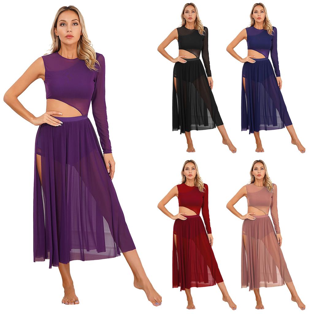 Элегантное струящееся длинное макси-лирическое платье для современного танца, сетчатое платье-майка с длинными рукавами, костюм для современного танца