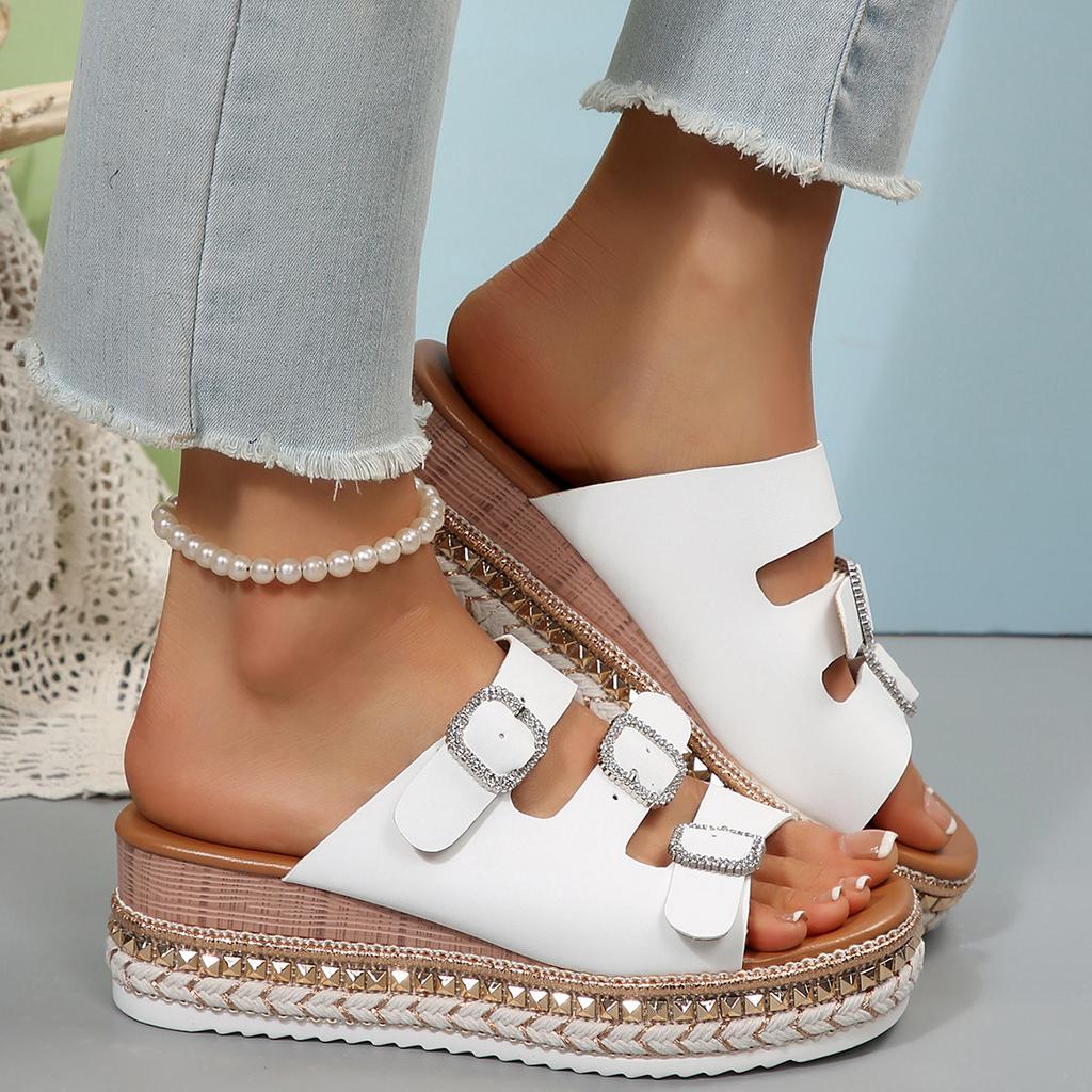 2025 Summer New Foreign Trade Muffin Thick-soled Double-buckle Rhinestone Cork Beach One-word Slippers Large-size Women's Shoes