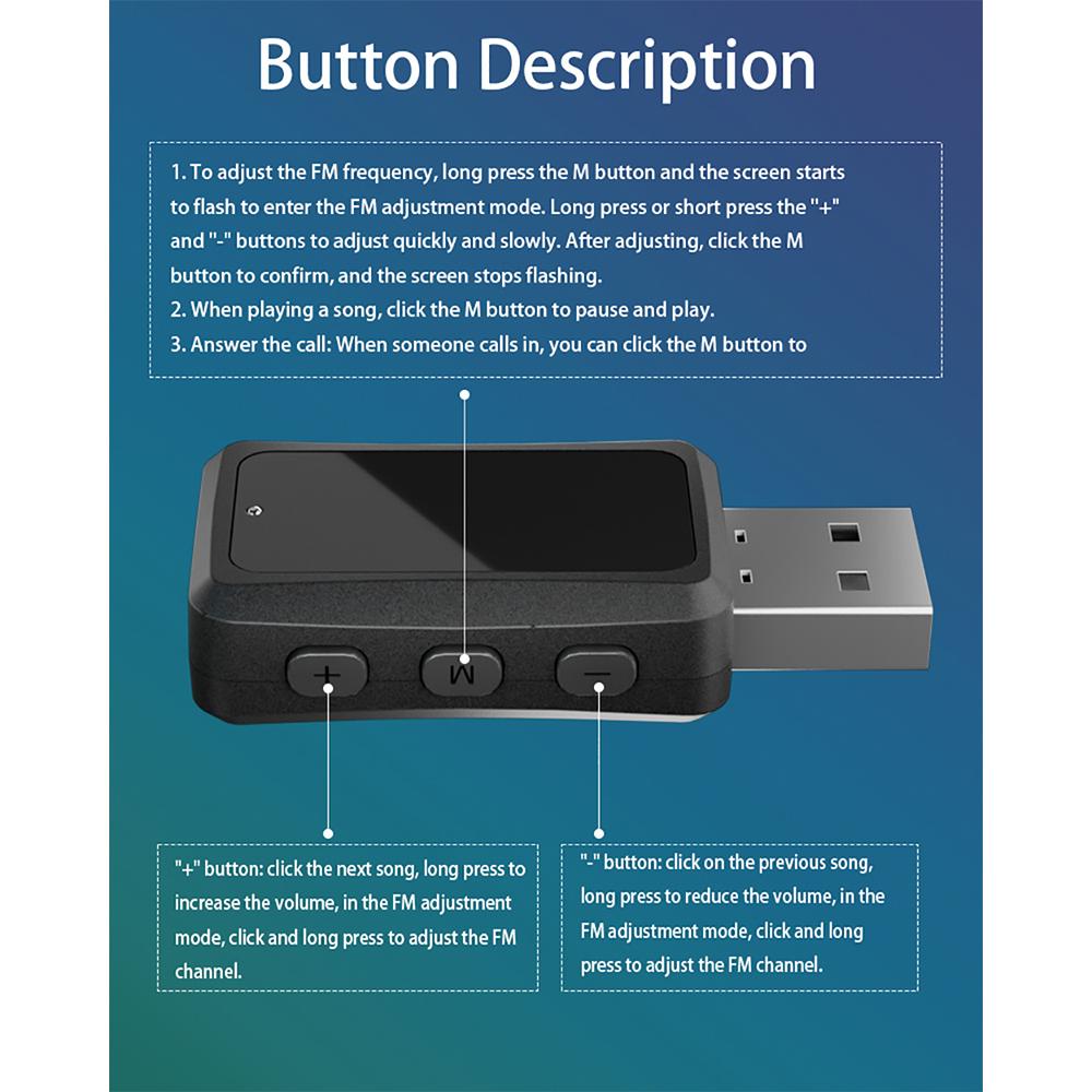 FM02 USB Bluetooth 5.3 FM-передатчик Мини-адаптер Bluetooth Светодиодный дисплей Беспроводной приемник 87,5-95 МГц Регулируемое радио Громкая связь Вызов Автомобильный аудиоплеер