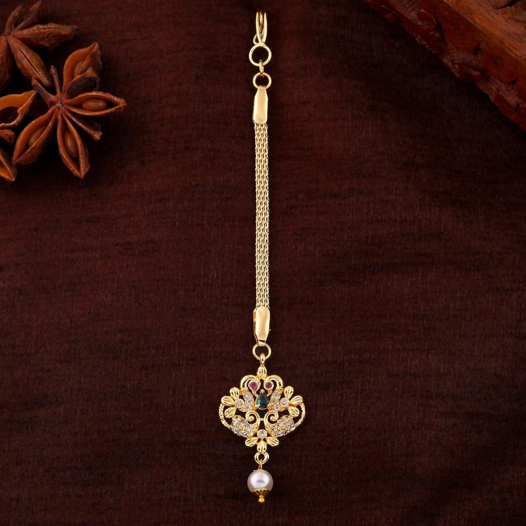 Estele Gold Plated CZ, переплетенный павлин, дизайнер Maang Tikka с жемчугом, для женщин