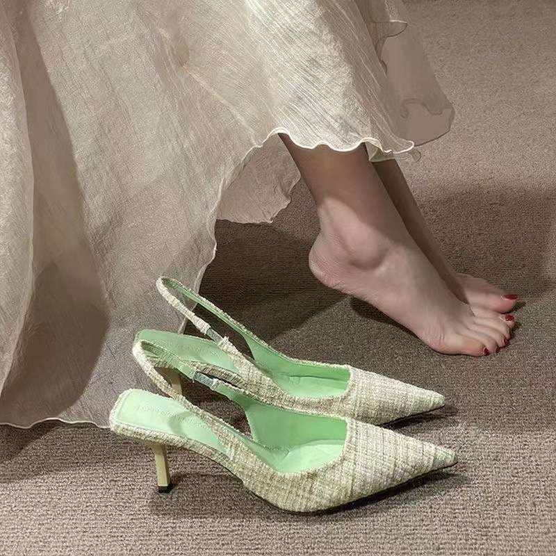 2025 новая весенне-летняя корейская версия клетчатые туфли-лодочки на высоком каблуке, с острым носком, с мелким вырезом, задний тонкий каблук