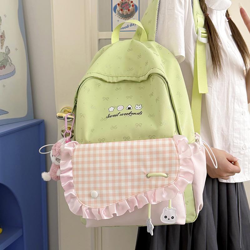 Schoolbag Waxy Jiji Cream Lotus Leaf Edge School Bag Niche Bow Embroidery Girl Plaid Color Matching Junior High School Backpack