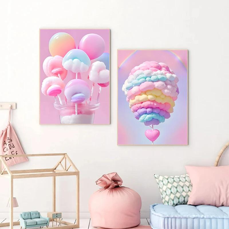 Colored Cotton Candy Rainbow Love Heart Posters Prints Canvas Printing Wall Art Picture for Girl Room Dessert Shop Decor Gifts