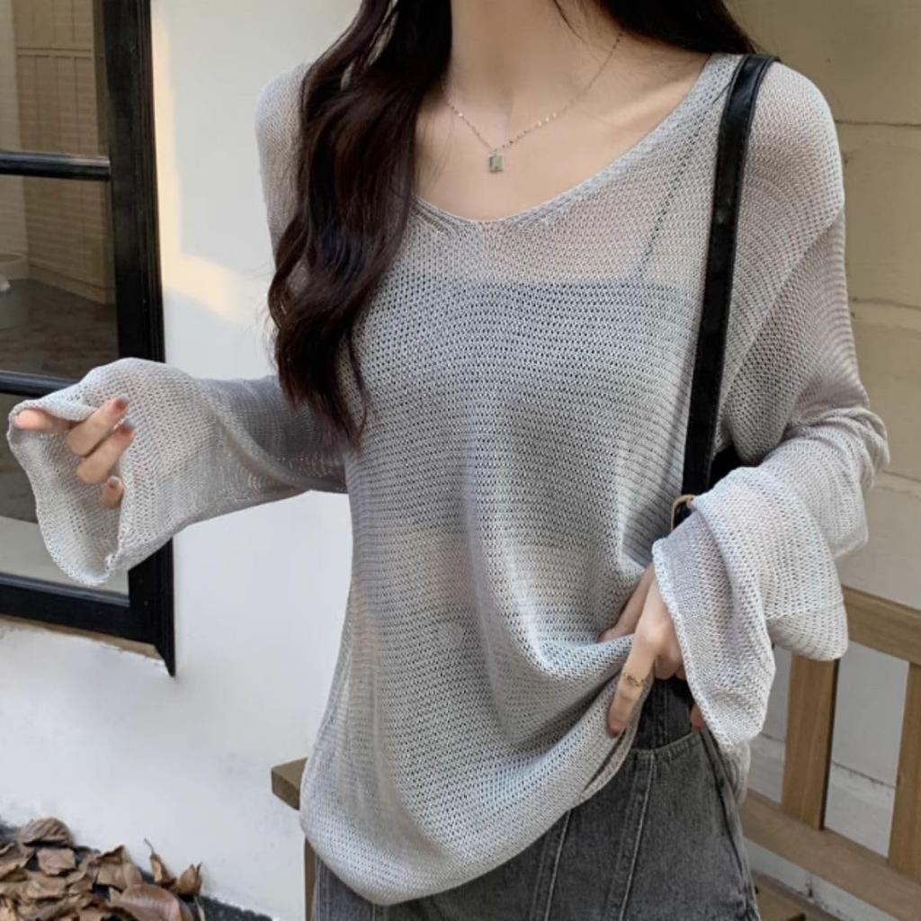 Belle Cie Ажурный вязаный свободный длинный прозрачный женский топ, Посадка, Прозрачный, Рукава, (СТ/№. 22009) (Серый)