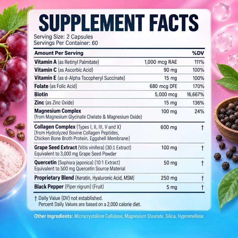 Multinutrient capsules, biotin, keratin, hyaluronic acid, folic acid, magnesium and zinc minerals, dietary supplements
