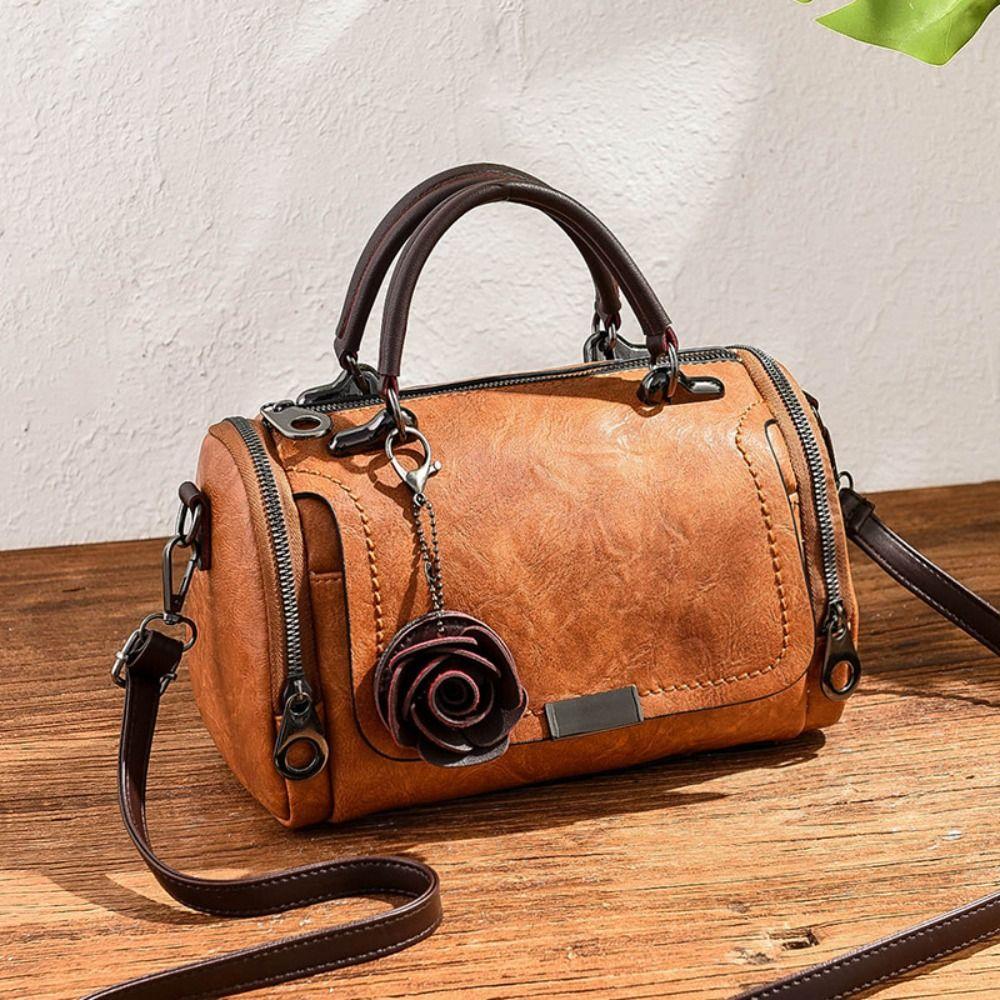 New Style PU Leather Shoulder Bag Solid Color Small Flower Pendant Leather Handbag Straddle Bag Women Use