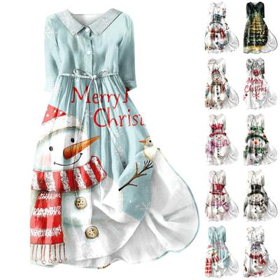 Женское модное платье с рождественским принтом, застегивающееся на пуговицы, с манжетами длиной семь четвертей и бретельками