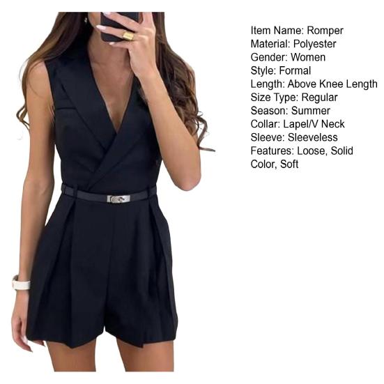 Женский комбинезон с отложным кроем, ПР, плиссированный вырез, однотонный воротник, V-образный вырез, без рукавов, тонкий, деловой, деловой