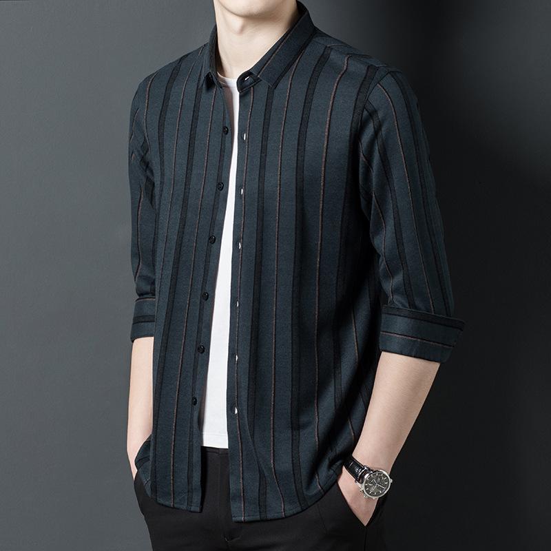 Деловая повседневная мужская рубашка, весенняя мягкая ткань, удобная дышащая рубашка в полоску с лацканами