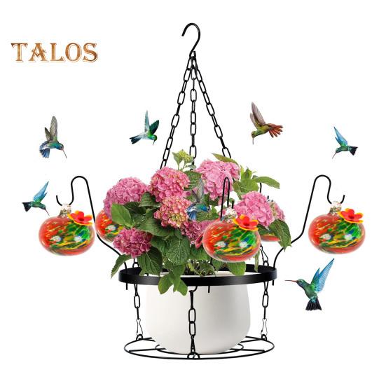 Кормушка для колибри из выдувного стекла ручной работы, подвесной металлический держатель для кашпо 2 в 1 с 6 маленькими кормушками для птиц из выдувного стекла для декора окон в саду и на заднем дворе