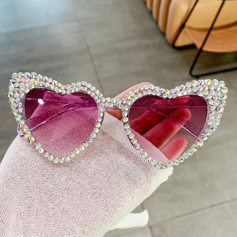 Retro Large Frame Diamond Set Sunglasses Peach Heart Love Sunglasses Women's Metal Hinge Personality Glasses