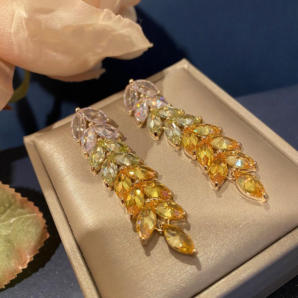 Fashionable Gradient Gold Wheat Drop Earrings Long Tassel Design Silver Plated Zircon Stud Earrings