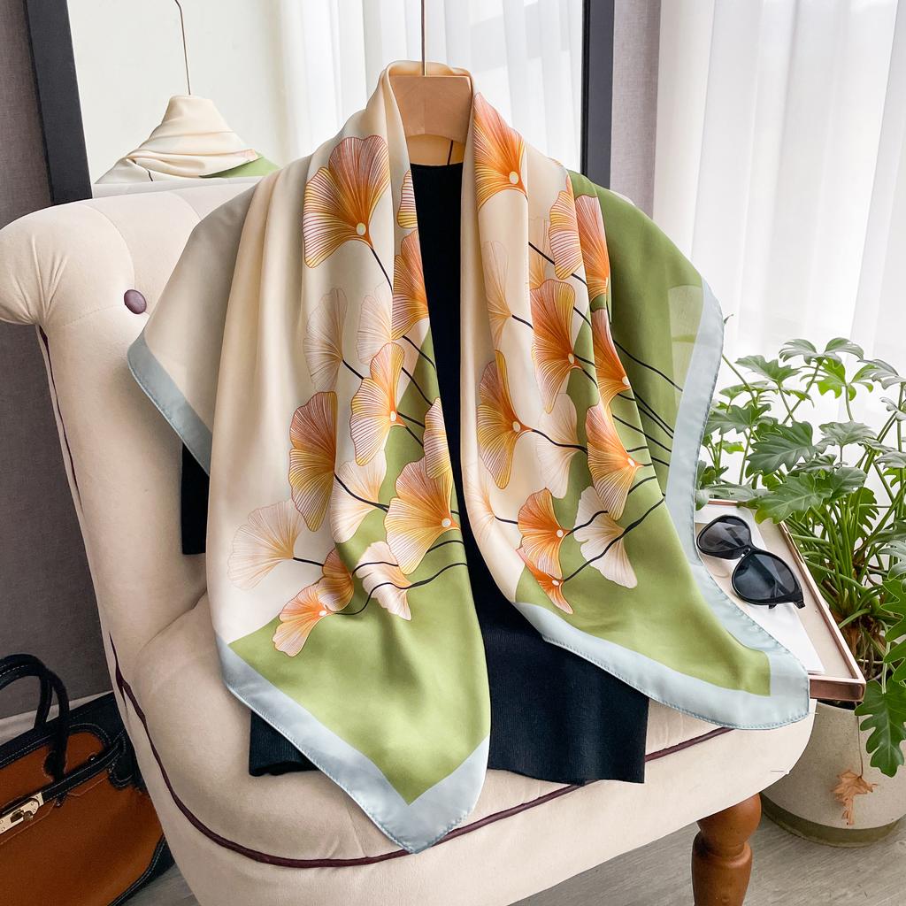Latest Design Luxury 90cm Silk Women Scarf Sunscreen Foulard Shawl Hijab Female Hair Hijab Wraps Neckerchief Bandanda Echarpe