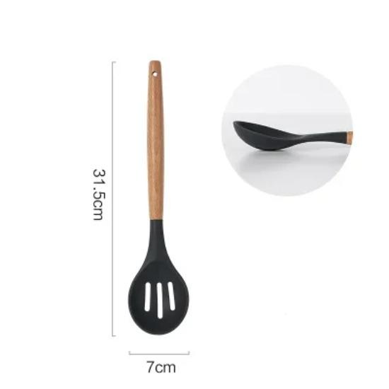 Силиконовая лопатка, ложка, половник, лопатка с прорезями, лопатка для пасты, антипригарное покрытие, кухонная утварь, силиконовые инструменты для приготовления пищи с деревянной ручкой