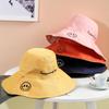 Polyester-cotton Large Brim Fisherman Hat for Women, Spring, Summer and Autumn, Sun Protection Visor, Double-sided Embroidered Smiley Basin Hat