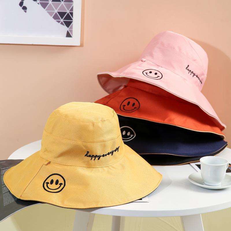Polyester-cotton Large Brim Fisherman Hat for Women, Spring, Summer and Autumn, Sun Protection Visor, Double-sided Embroidered Smiley Basin Hat