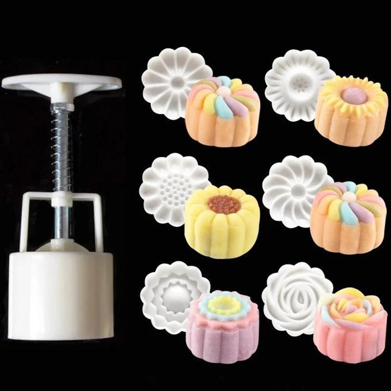 Пластиковая форма для конфет с цветком и 6 штампами, декоративная форма для лунного торта, 50 г, форма для лунного торта своими руками