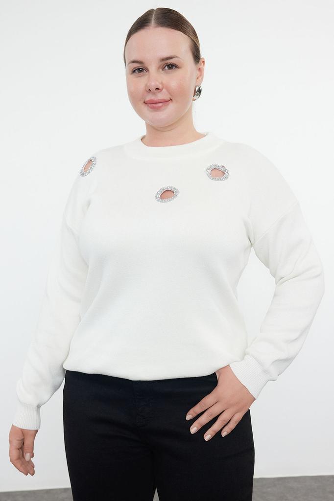 Women's Fashion Stylish Plus Size Sweater Black Stoned Cut Out Detailed Knitwear Sweater