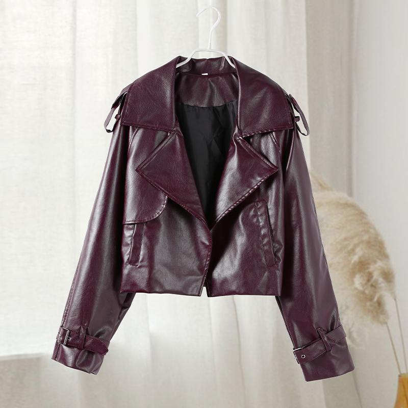 Уличная короткая куртка из кожи бордового цвета с красными карманами и лацканами для женщин, куртка с длинным рукавом, осенняя свободная верхняя одежда для женщин
