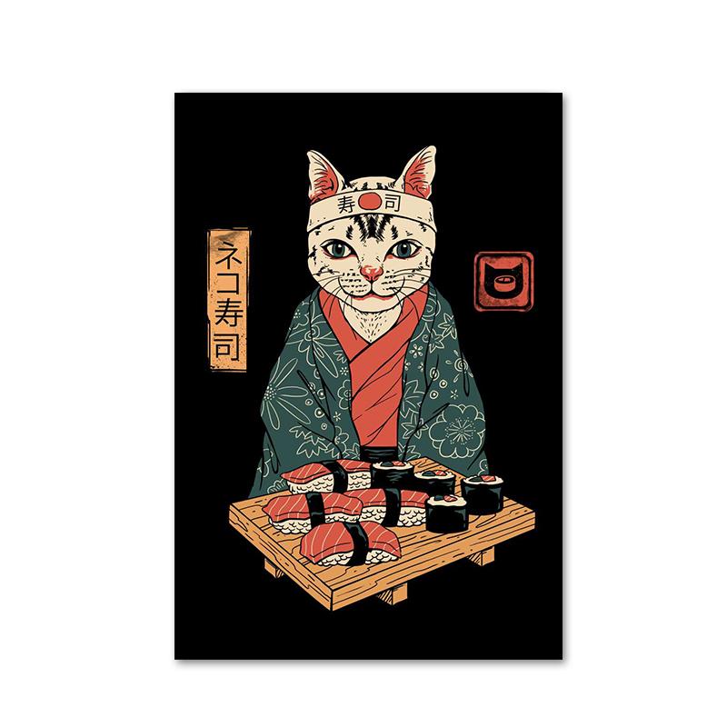 Забавный японский плакат с изображением самурая и кота, холст, живопись, классические суши и кошки, настенные художественные фотографии для гостиной, украшения дома