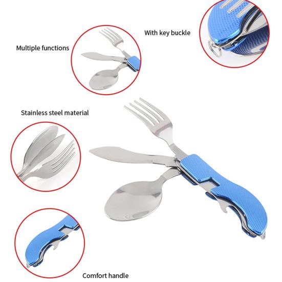 Camping Utensil with Key Ring 4-in-1 Stainless Steel Spoon Knife Fork Bottle Opener Folding Pocket Kit Travel Backpacking Cutlery Multitool