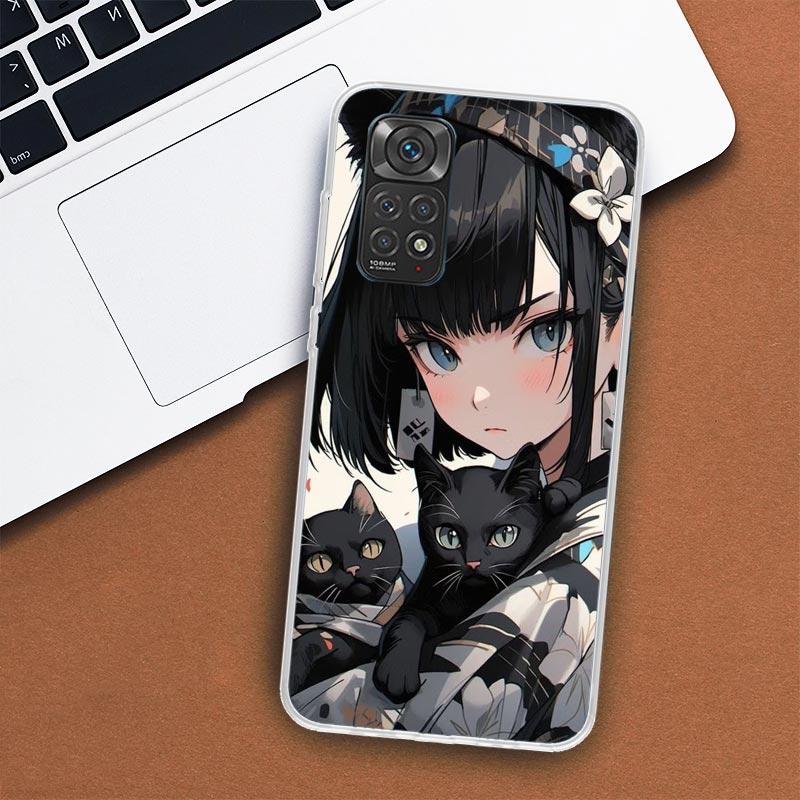 Чехол для телефона Anime Girls Cute Black Cat для Xiaomi Redmi Note 12 12S 11 11S 10 10S 9 9S 11T 11E Pro Plus 8 8T 7 5 9T + чехол-коробка