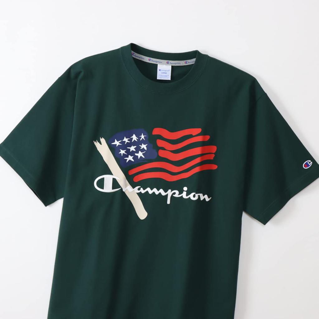 Short Sleeve Round Neck Graphic Logo Print Cotton USA Loose Fit Oversized Short Sleeve Action Style Dark Green M [Champion] T-Shirt T-Shirt C3-X322