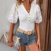 New Fashion Vintage Lace Short Sleeve V-neck Shirts Women Summer Tops Elegant Slim Fit Casual Loose Blouse Women Solid Hollow Out Female Shirt 26547