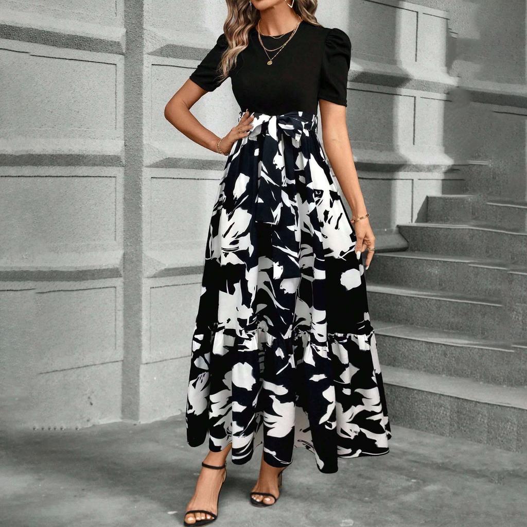 Women's Floral Print High Waist Fashionable And Elegant Dress
