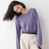 Women's White Long-Sleeve Round Neck T-Shirt - Soft, Curled Hem, Trendy Spring/Autumn 2022 Fashion.