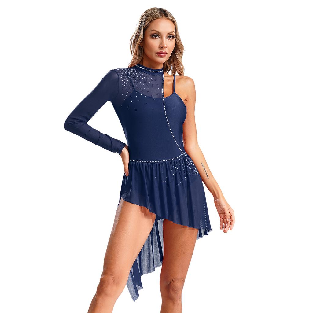Womens Asymmetrical Lyrical Dancewear Long Sleeve Spaghetti Straps Patchwork Irregular Hem Dresses