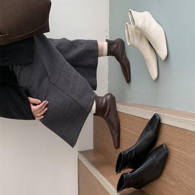 2025 осень и зима новая модная универсальная французская минималистичная квадратная голова тонкие ботинки и полусапожки боковая молния короткое голенище