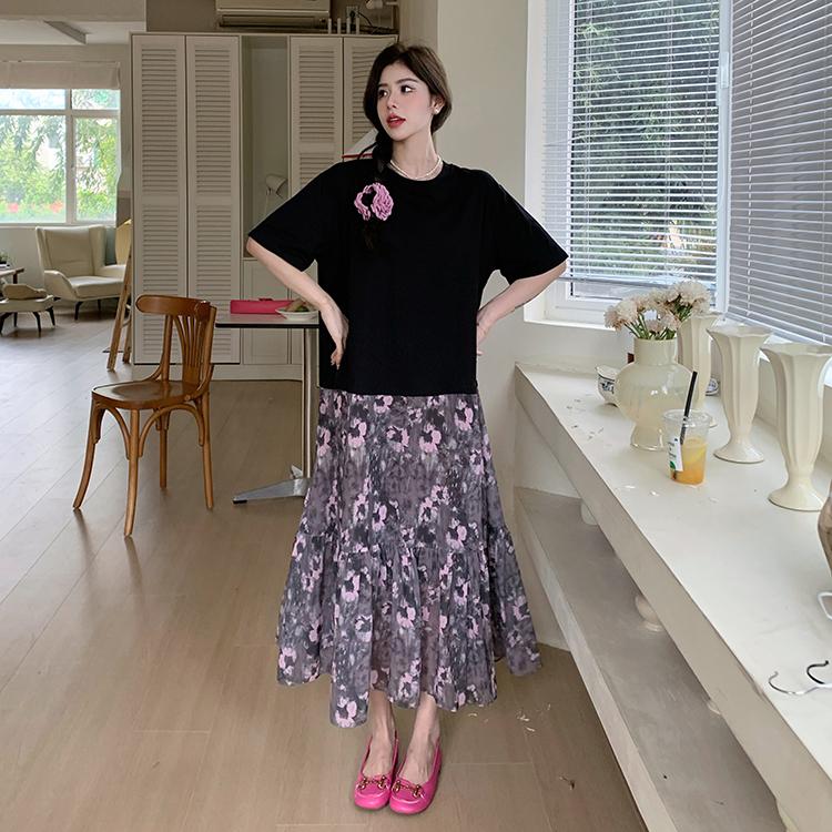 DIMANAF Женское лето 2025 Большой размер Повседневное с коротким рукавом Новое Оверсайз Плиссированное Кружевное С цветочным принтом Длинное Платье-рубашка Свободное Платье