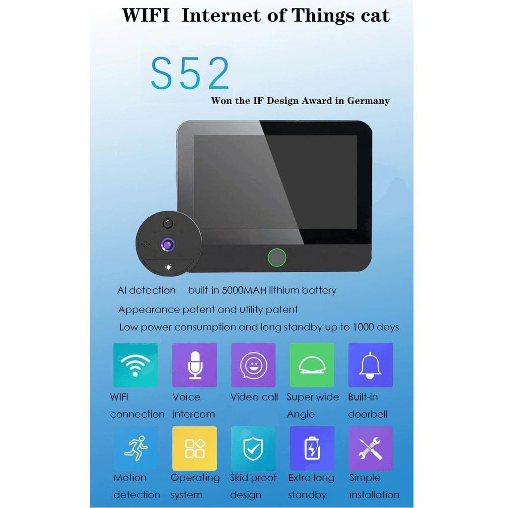 Умный дом Tuya WiFi глазок дверной звонок S52 маленькая камера 1080P 4,3 дюйма PIR обнаружение движения цифровой дверной просмотрщик односторонний разговор