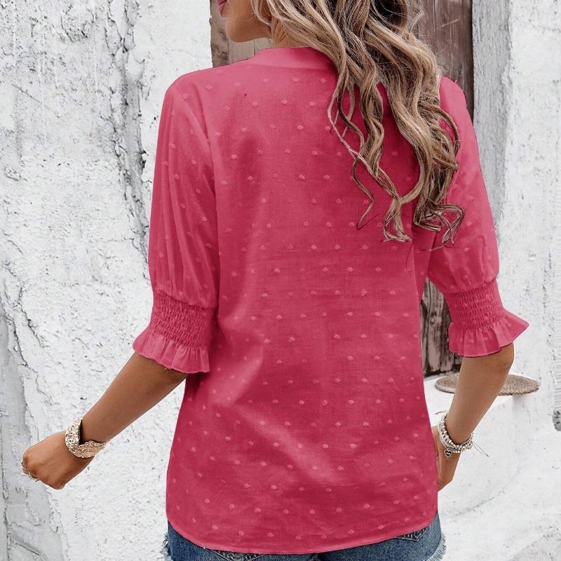 Summer Tops V-neck Puff Sleeve Hollow Lace White Shirts Women Fashion Vintage Slim Fit Elegant Women Casual Blouses Solid Simple Female Shirt 26647