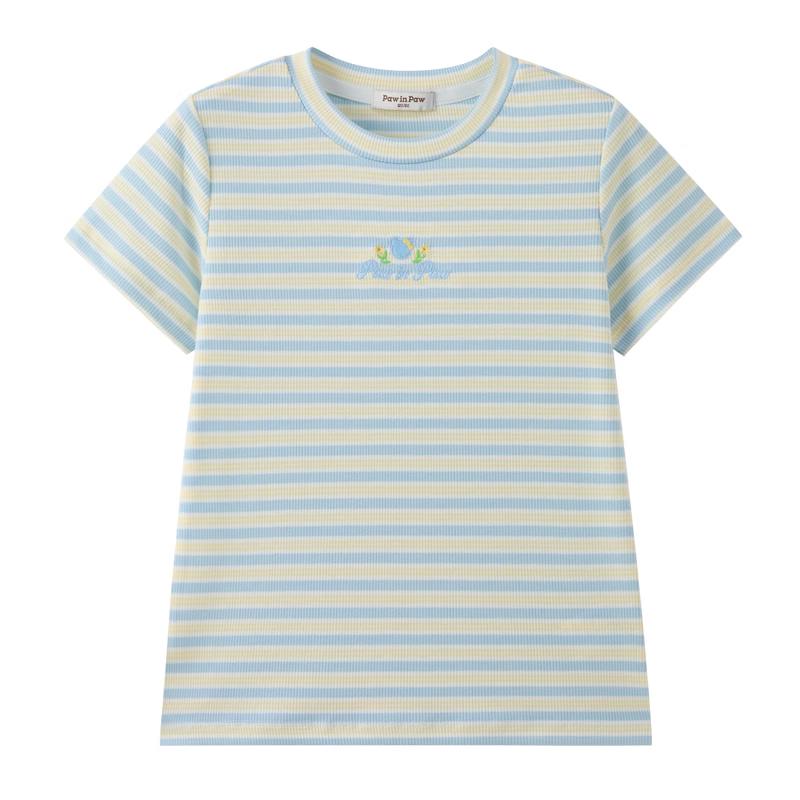 PawinPaw Girls' Cartoon Bear Striped Short Sleeve T-Shirt