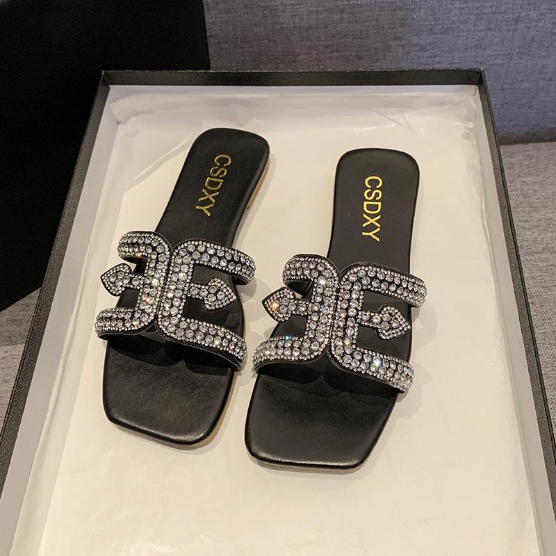 Fashion Women's Stylish Comfortable Rhinestone Embellished Slippers Women's Casual Flat Slippers